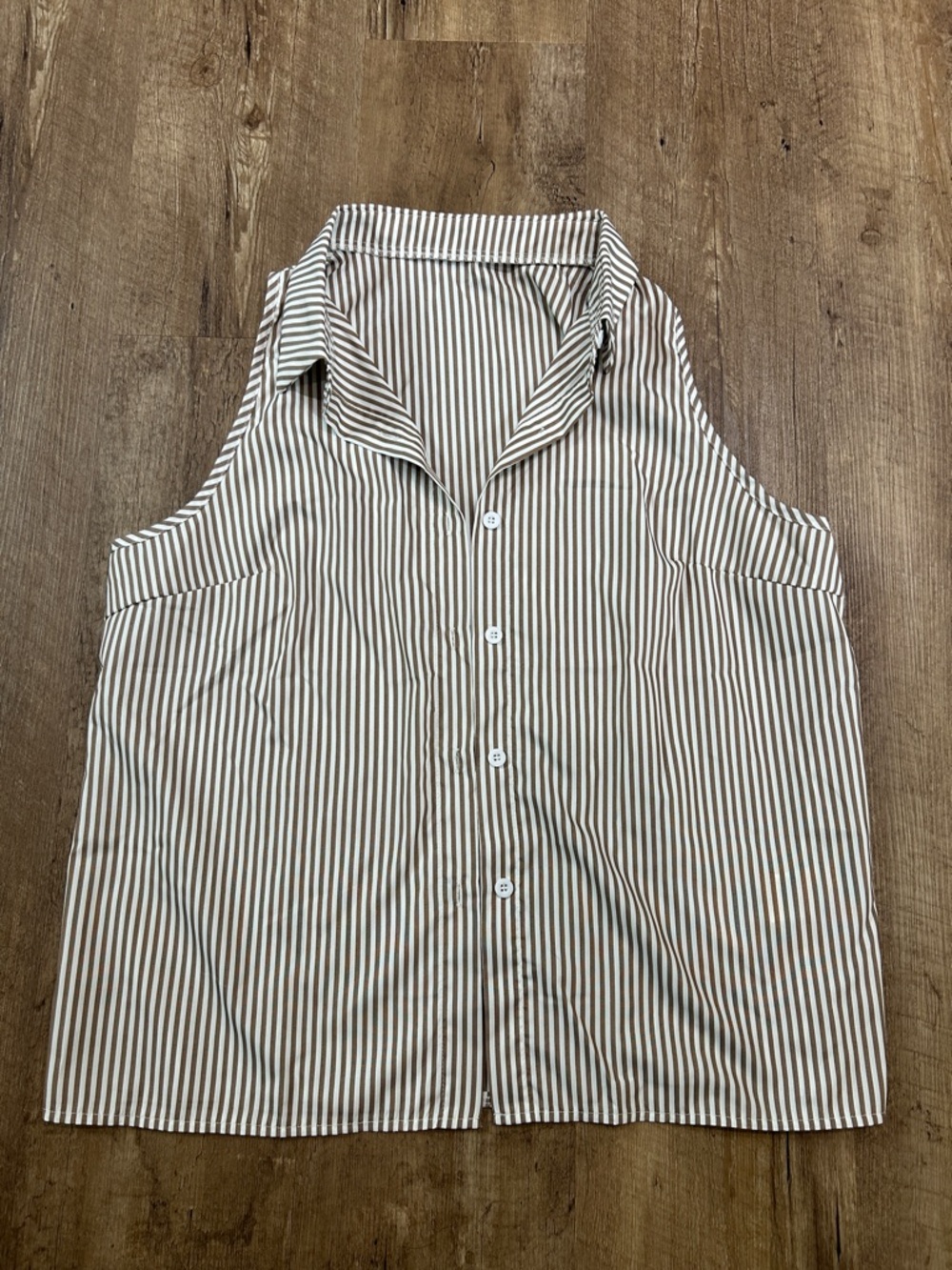 SHEIN Brown and White Striped Sleeveless Button-Down Top